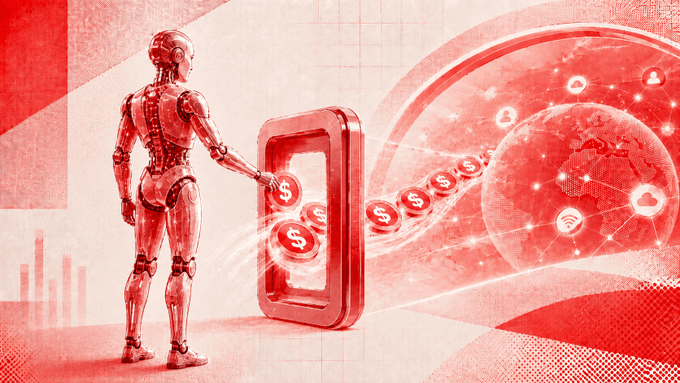 Red-tinted digital illustration of a humanoid robot beside a smartphone emitting dollar-sign tokens toward a globe with connected network icons, symbolizing global digital finance.