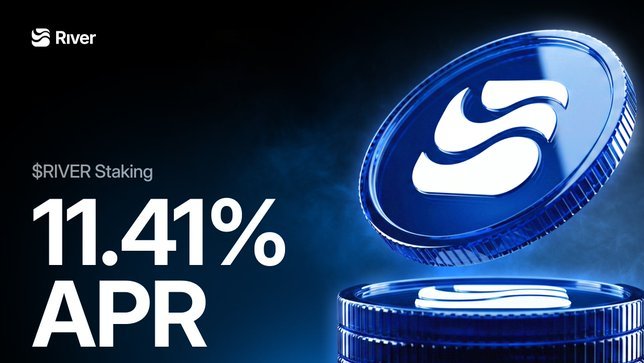 A promotional graphic for River cryptocurrency staking, displaying a large blue coin with the River logo and text reading '$RIVER Staking 11.41% APR' against a dark background.