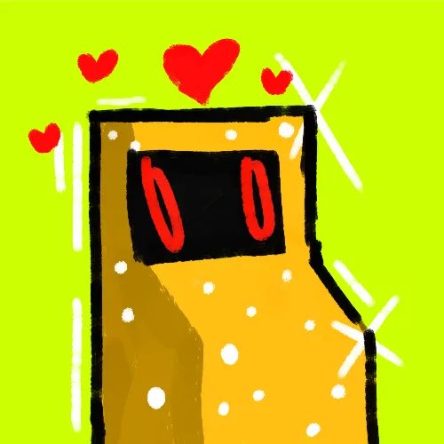 A cartoon-style digital illustration shows a yellow, dotted, boxy machine-like character with a black screen displaying two red zeros, set against a bright lime green background adorned with red hearts and white sparkles. The image directly reflects the post's theme, where the "0" on the machine's screen and the "Free Mint to 0.02 ETH" text symbolize the starting point of the digital currency, while the hearts and sparkles convey excitement around the project.