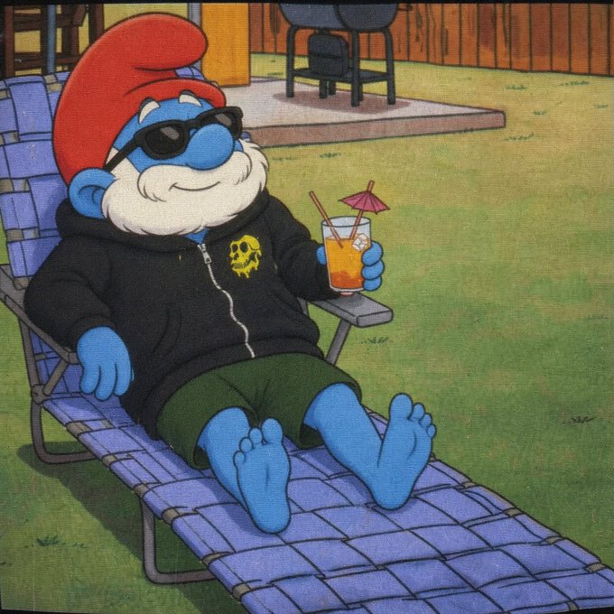 A blue Smurf with a white beard relaxes on a lounge chair in sunglasses, sipping an orange cocktail with a tiny umbrella, with "Village" text visible on his black hoodie—coincidentally holding an orange drink just as the post mentions "holding ape."
