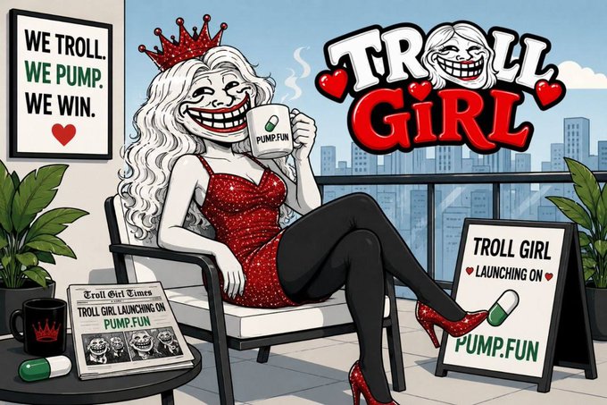 The image features a cartoon woman sitting in a chair holding a coffee cup, wearing a red dress and high heels. The background shows a cityscape with buildings and trees, suggesting an urban setting. The caption of the image reads "$TROLLGIRL @trollgirlTG - The wife of the Troll Built from meme culture, social media virality and pure troll energy". This text is related to the post about the Troll Girl project, as it references a woman character created for that project.