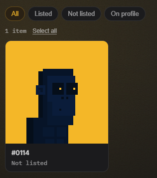 A pixel art character #0114 displayed on a yellow background with 'Not listed' status and category filters (All, Listed, Not listed, On profile) at the top.
