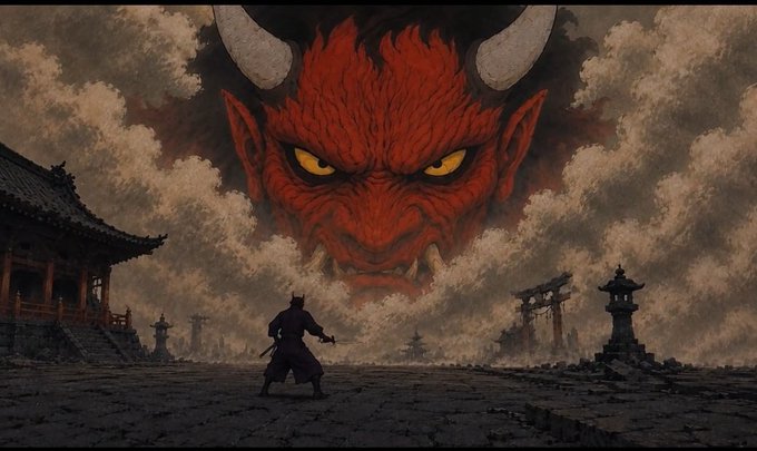 An illustration depicts a lone samurai facing a giant, menacing red demon with horns and glowing yellow eyes, set against a smoky backdrop with traditional Japanese architecture.