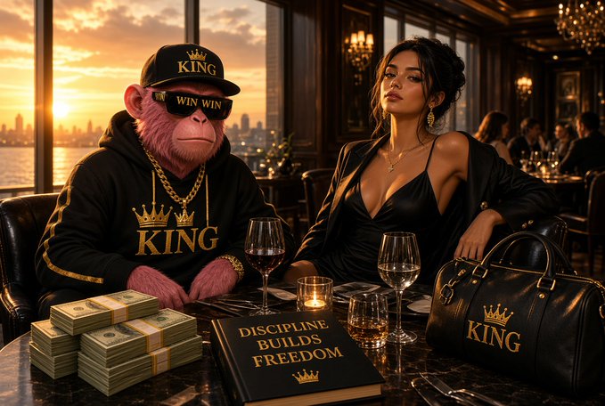 A stylized image of a pink monkey wearing a black 'KING' hoodie, cap, and gold chains sitting at a restaurant table with stacks of cash and a 'DISCIPLINE BUILDS FREEDOM' book, next to a woman in a black dress with a matching 'KING' handbag.