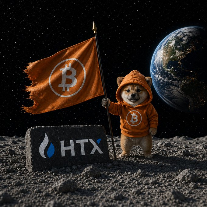 A shirtless dog mascot wearing an orange Bitcoin hoodie plants a Bitcoin flag on a rocky lunar surface next to an "HTX" stone, with Earth visible in the starry background—humorously visualizing the "WEN $DOG @HTX_Global?" request by suggesting the exchange still needs to reach even more out-of-this-world listings.