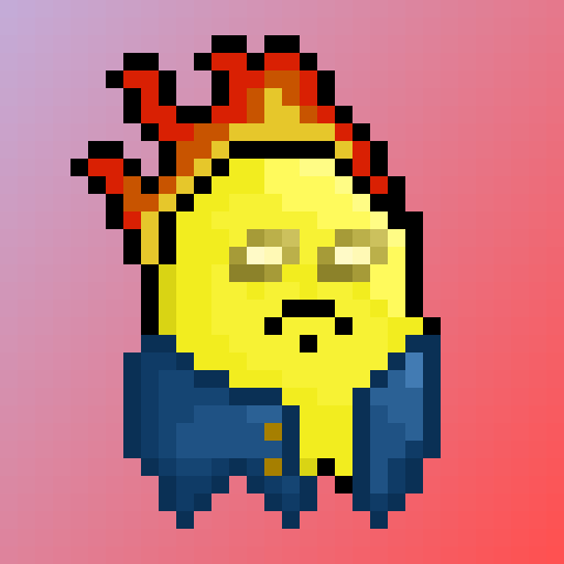 Pixel art of a yellow flame-like character with red and orange hair wearing a blue jacket, set against a pink to purple gradient background.