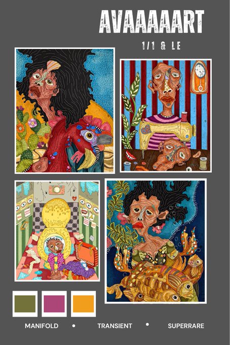 The image presents a poster that displays four different artworks with various themes and colors including red, blue, green, yellow, and brown. The text accompanying each artwork indicates its theme or color. These artworks are titled "AVAAAAART 1.11 GLE" (Avaaart is short for Avaart) and represent different aspects of the artist's work. The poster also includes descriptions that provide further information about the artworks, such as a manfold with a green background, an orange square, and the text stating "When prices go down, opportunities show up."