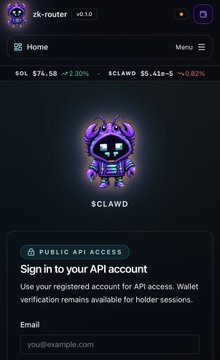 The image shows a phone screen displaying an app called "Sclawd" with a purple background, a cartoon character wearing a purple hooded jacket, and the words "Public API Access" at the bottom of the screen. The text on the screen reads "Sign in to your API account. Use your registered account for API access. Verify application remains available for holder sessions. Email me at example com". The post is about an app called "Sclawd", which is a game that uses clawd code as its gameplay mechanic, and it has been developed by Glm.