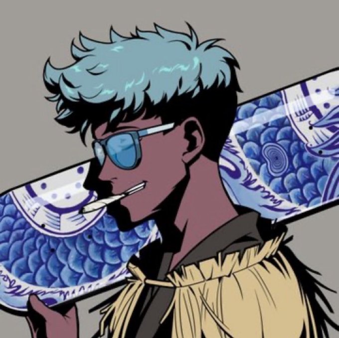 A stylized digital illustration of a person with teal-blue curly hair, dark skin, and sunglasses, smoking a cigarette while carrying a skateboard with a blue fish-scale design on their shoulder.