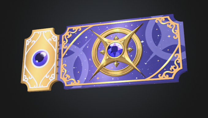 A stylized purple and gold ticket featuring ornate celestial designs, a central four-pointed star emblem with a blue gem, and decorative flourishes, evoking a premium pass or NFT artwork. The image visually represents the exclusive PFP collection mentioned in the post, symbolizing access to the Genesis Season reward pool of $50,000 USDC and other digital assets like token airdrops, Grimoire, and in-game items.