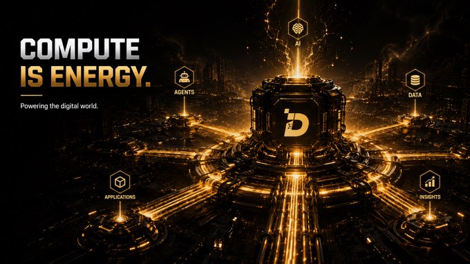 The image features the bold text "COMPUTE IS ENERGY. Powering the digital world." alongside a futuristic, glowing gold-and-black visual of a central technological hub with a "b" logo, connected to satellite nodes labeled AI, AGENTS, DATA, INSIGHTS, and APPLICATIONS—visually reinforcing the post's message that compute is the foundational power source driving the modern digital ecosystem.