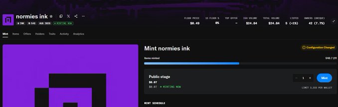 A screenshot of the 'normies ink' NFT minting page on a marketplace shows collection stats like floor price $0.49 and 0% listed, with a 'Mint normies ink' button available at 0.07 ETH per wallet.