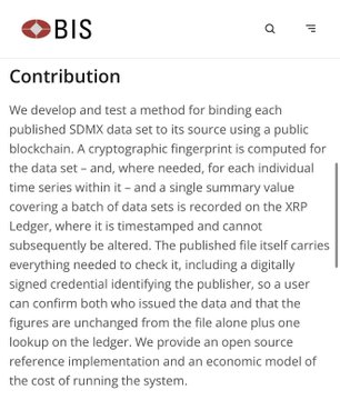 A webpage screenshot from BIS with the header 'Contribution' and text describing a method for binding SDMX data sets to source using a public blockchain, including cryptographic fingerprints and XRP Ledger timestamps.