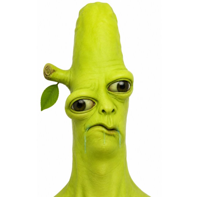 A 3D-rendered character of a tall, green, anthropomorphic creature with a long narrow head, drooping eyes, a small branch with leaves growing from its ear, and drool coming from its mouth.