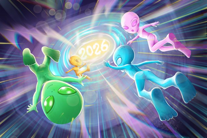 Four colorful alien figures (green, yellow, blue, and pink) float in a cosmic vortex around a glowing portal displaying the year "2026."