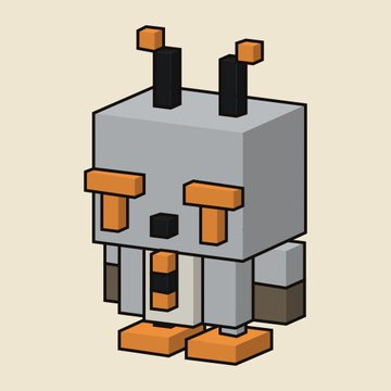 A pixel art illustration of a gray, blocky character with orange accents, dark eyes, and two antennae on its head.