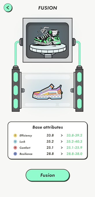 STEPN app 'FUSION' screen showing the combining of two sneakers and base attributes (Efficiency, Luck, Comfort, Resilience).