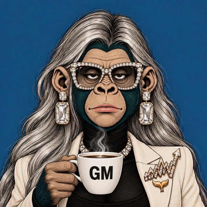 A digital illustration of a stylish chimpanzee with long silver hair, rhinestone glasses and earrings, holding a cup labeled 'GM', wearing a cream blazer with a diamond arrow pin.