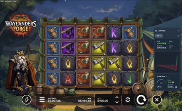 The image showcases the promotional logo and gameplay interface of "Waylander's Forge" by ValkyrieXStudio, featuring a character selector screen with various items displayed across a $0.0418-$105.00 betting range, likely promoting a $20 USDT giveaway for staking participants on the platform.