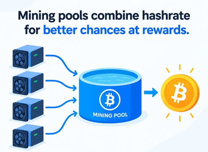 An infographic titled 'Mining pools combine hashrate for better chances at rewards' showing four mining rigs contributing to a central 'MINING POOL' container, which then produces a Bitcoin reward coin.