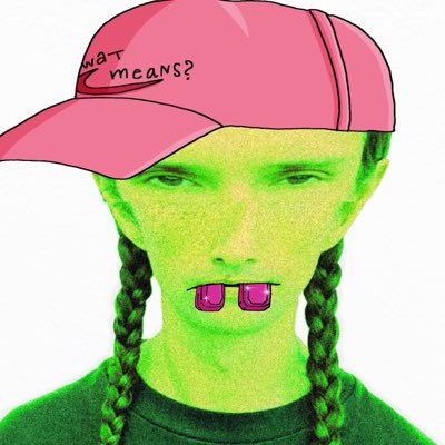A person wearing a green-tinted filter, pink trucker hat reading "What means?", and pink square glasses poses for a selfie with braided pigtails, matching the playful "felt cute might delete later" mood with its quirky, meme-like aesthetic.