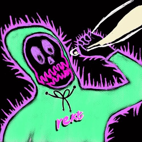 The image features a cartoon illustration of a person wearing a green hoodie with pink and purple accents. The person has a face painted on their forehead that looks like a monster, giving them an evil or scary appearance. In the background, there is a bottle, possibly containing liquid or another substance related to the monster's powers. The post includes text that reads "IM PROUD TO BE A @rektguy! Don't need my PFP to be expensive to be proud of it! DOWN BAD, BUT NEVER DEAD". This message seems to be promoting a sense of pride in one's appearance or actions, regardless of the circumstances.