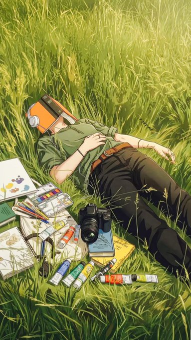 An anime-style illustration of a person with an orange helmet lying in green grass, surrounded by art supplies including paint tubes, brushes, sketchbooks, and a camera.