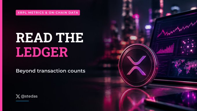 A promotional graphic with pink and black styling reads 'READ THE LEDGER' with 'XRPL METRICS & ON-CHAIN DATA' and 'Beyond transaction counts', featuring an XRP logo and cryptocurrency analytics visuals, attributed to '@stedas'.
