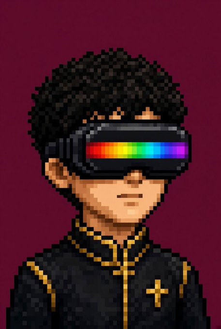 A young character with curly black hair wears a futuristic VR-style visor displaying a vibrant rainbow spectrum, dressed in a black and gold robe with a cross emblem. The pixel art style directly showcases their custom pixel work capabilities being advertised for the open collaborations.
