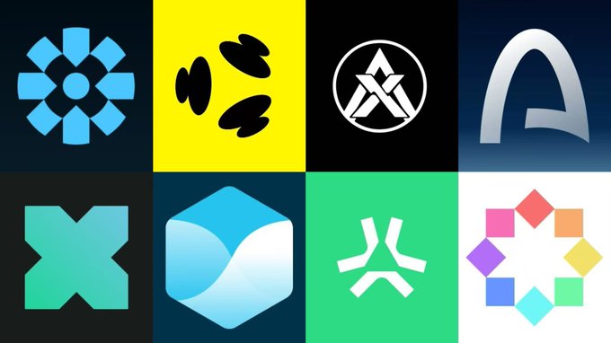 A grid of eight colorful cryptocurrency and Web3 project logos, including a blue flower-like emblem, a yellow tile with black abstract shapes, a white triangular symbol in a circle, a silver "A" on blue, a teal "X" on dark background, a blue gradient hexagon, a white geometric icon on green, and a multicolored square ring pattern, representing Decibel, Startale, Abstract, AlloX, and other airdrop projects the user is actively checking in with.