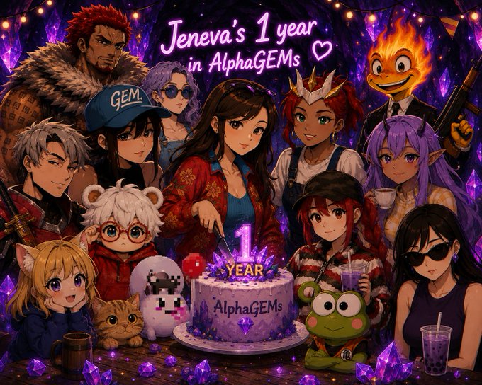 A vibrant fan-art illustration celebrating "Jeneva's 1 year in AlphaGEMs," featuring a group of anime-style characters gathered around a purple birthday cake decorated with "1 YEAR" candles.