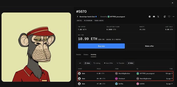 An OpenSea NFT listing page for Bored Ape Yacht Club #5670, owned by NFTPER_jesusisgood, showing a buy now price of 10.99 ETH ($29.5K), with 7.68 WETH top offer and recent sales activity.