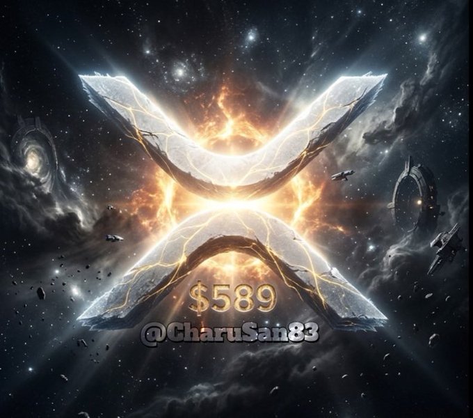 A dramatic cosmic scene features a massive glowing "X" symbol radiating light and energy against a starry galaxy backdrop, with spaceships and a space station in the distance, overlaid with the text "$589" and "@CharuSan83." The powerful, otherworldly imagery visually reinforces the post's message of XRP's untapped potential and the poster's confidence in its future value far beyond $15.