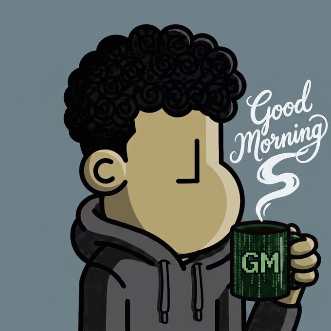 A cartoon character with curly hair and a hoodie holds a steaming mug labeled "GM" with "Good Morning" written in elegant script beside him. The image connects to the post as a stylized "GM (Good Morning)" greeting, a common Web3/NFT culture tradition, while the post humorously refers to the character's "slouching" hoodie and the rarity of similar NFT assets.