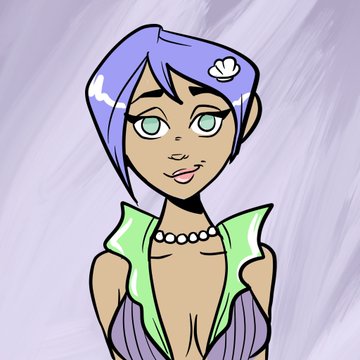 An illustrated portrait of a woman with short purple hair, green eyes, wearing a green top and pearl necklace.
