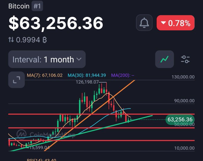 A Bitcoin price chart on CoinMarketCap showing BTC at $63,256.36, down 0.78%, on a 1-month interval with moving averages (MA7: 67,106.02, MA30: 81,944.39).