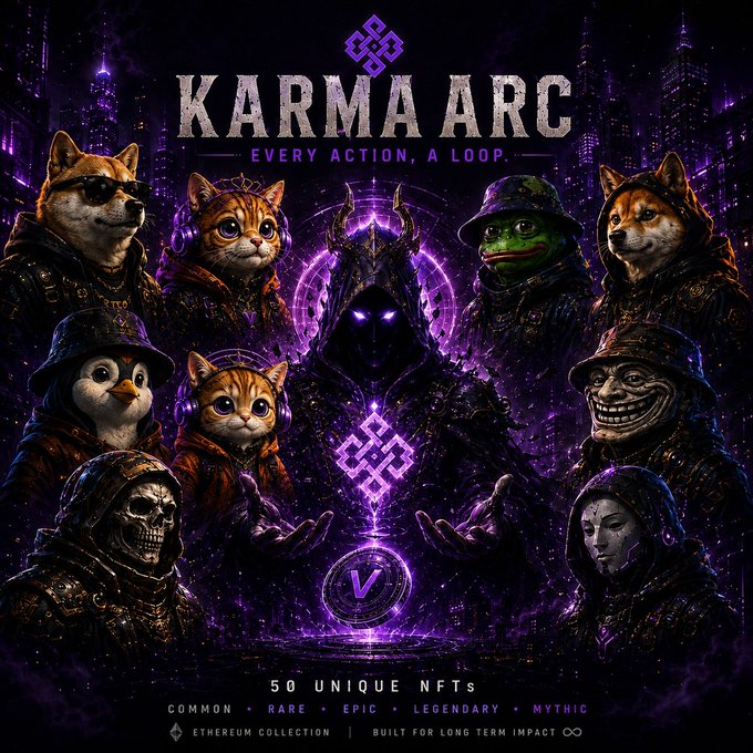 The image features a colorful poster for Karma Arc, which displays an anime-style design with various animated characters such as humans and animals wearing costumes. The poster showcases these characters against a dark purple backdrop, creating a visually striking contrast between their vibrant colors and the darker background. In the foreground of the image, there is text that provides information about the game, including its title "Karma Arc" and an explanation of what it offers - "Every action. A loop." The poster includes a claim to offer 50 unique NFTs for collectors at least long enough to experience the full depth of the game's world-building.