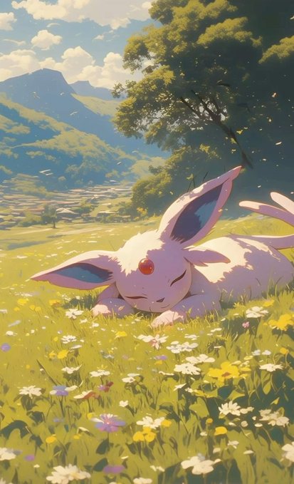An anime-style illustration of a pink rabbit-like creature sleeping peacefully in a field of wildflowers with mountains in the background.