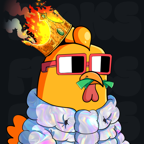 A cartoon illustration of an orange chicken character wearing pixelated 3D glasses and a jeweled crown engulfed in flames, sitting among iridescent bubble-like clouds.