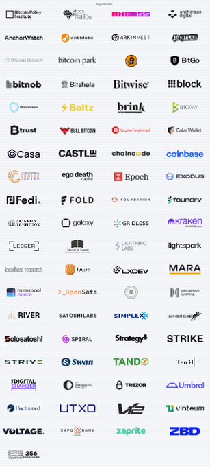A grid displays the logos of signatories—including Coinbase, Kraken, Block, Bitwise, Galaxy, Marathon Digital, Unchained, and dozens of other Bitcoin and crypto firms—who are petitioning AI labs for early access to advanced AI models to help identify software vulnerabilities, arguing that current security restrictions leave ethical security researchers at a disadvantage compared to malicious hackers.
