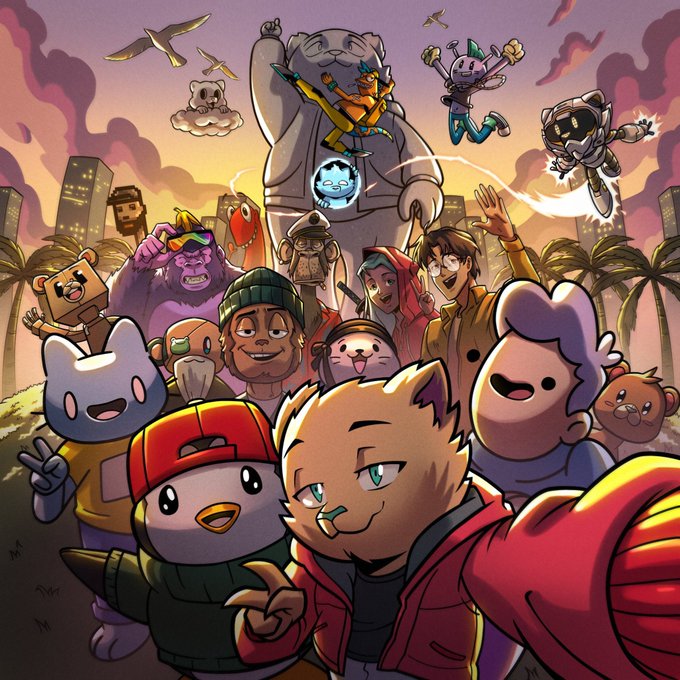 A colorful illustrated collage of NFT-style cartoon characters and animals—featuring cats, gorillas, spacesuit figures, birds, and monsters—gathered together to celebrate a milestone, with the post announcing that 107 more "Kabus" have migrated to Ethereum, bringing 72.5% of the collection onto the ETH network as migration accelerates.
