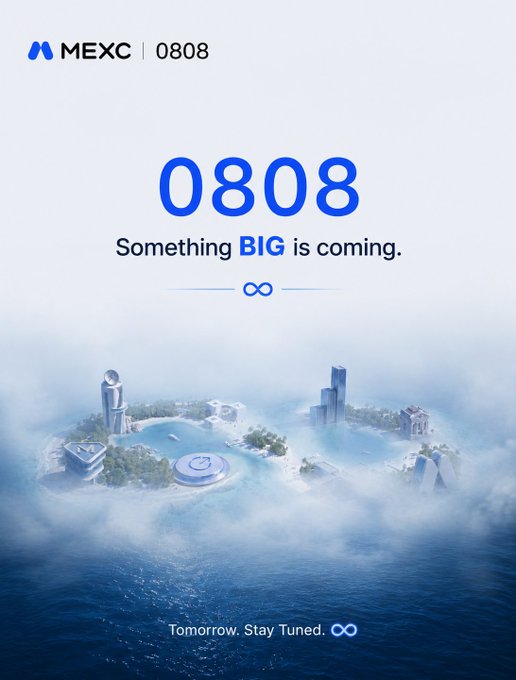 MEXC cryptocurrency exchange promotional image with the text '0808 Something BIG is coming. Tomorrow. Stay Tuned.' showing a stylized cityscape floating above ocean waves.