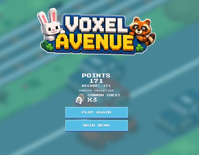 A screenshot of the "Voxel Avenue" game results screen showing 171 points, a record of 171, and 3 common chests collected, with "Play Again" and "Main Menu" buttons, matching the poster's score of 171 points and 3 chests after 27 attempts.