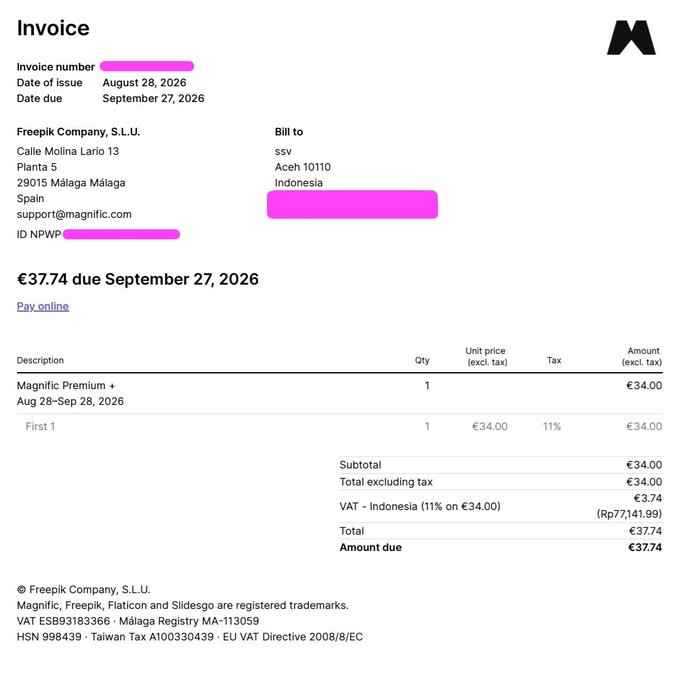 Invoice document from Freepik Company S.L.U. (Málaga, Spain) billed to a customer in Indonesia (ssv, Aceh 10110) for €37.74 due September 27, 2026, covering a Magnific Premium subscription from Aug 28 - Sep 28, 2026 with 11% Indonesian VAT.