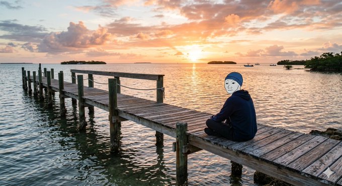 A person in a dark hoodie sitting on the end of a wooden pier at sunset, with their face obscured by a meme-style cartoon sticker, overlooking calm ocean waters.