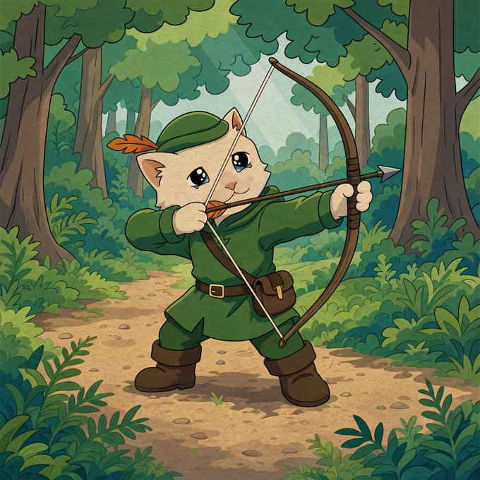 A cartoon cat dressed as Robin Hood draws a bow and arrow in a forest setting. No text is visible, but the character's green attire and outdoorsy woodland scene match the "green chain gud" reference, evoking a nature-themed, eco-friendly vibe.