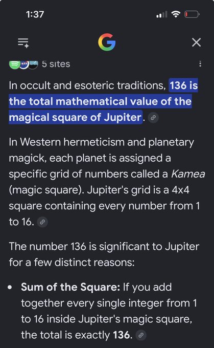 A mobile screenshot of a Google search explaining that '136 is the total mathematical value of the magical square of Jupiter' in occult and esoteric traditions.