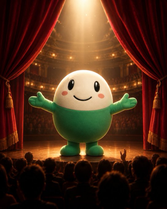 A cute green and white egg-shaped mascot character with a smiling face and outstretched arms performing on a theater stage with red curtains, illuminated by a spotlight before an audience.