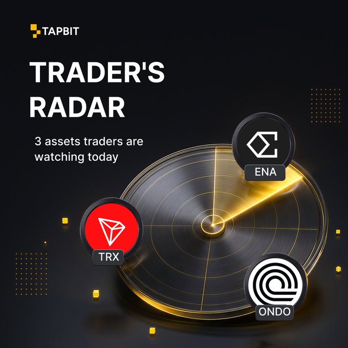 TAPBIT's "Trader's Radar" graphic spotlights three assets on a radar dial—$ENA, $TRX, and $ONDO—with text highlighting ENA's proposed 95% revenue buyback plan and TRX's GreatVoyage v4.8.2 upgrade as key reasons traders are watching today.