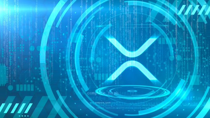 A digital blue tech-themed graphic featuring the XRP cryptocurrency logo in the center with concentric circles, code, and financial data in the background.
